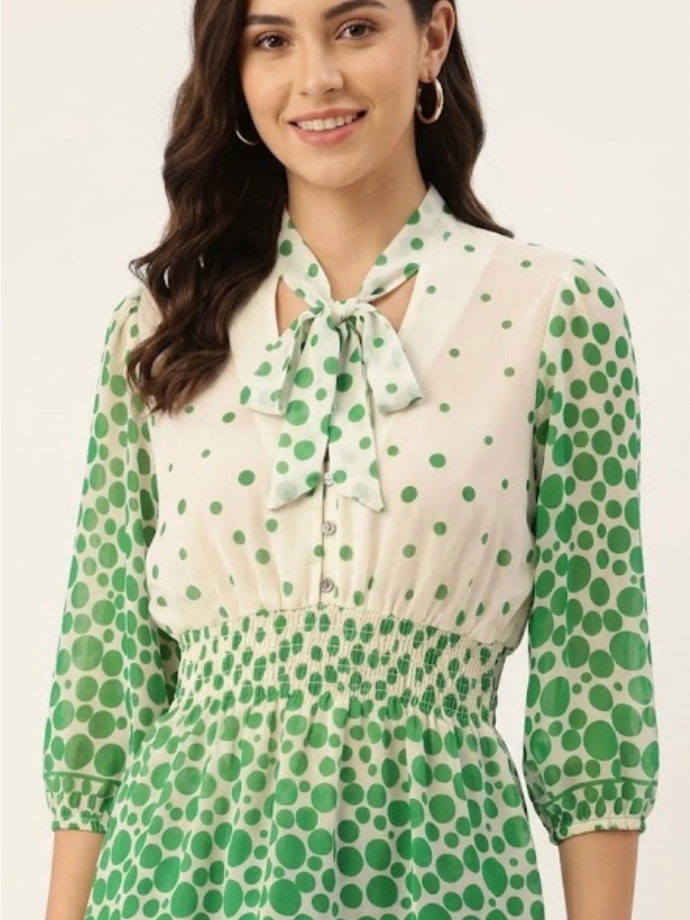 Green Polka Dot Tie-Neck blouse dressy